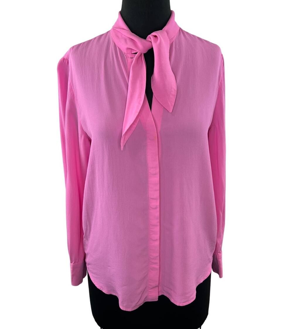 & Other Stories Pink Crepe Self Tie Bow Neck ButtonUp Long Sleeve Blouse Top S M